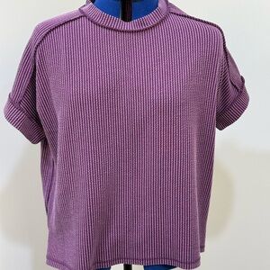 Zenana Outfitters Short Sleeve Ribbed Top in Plum